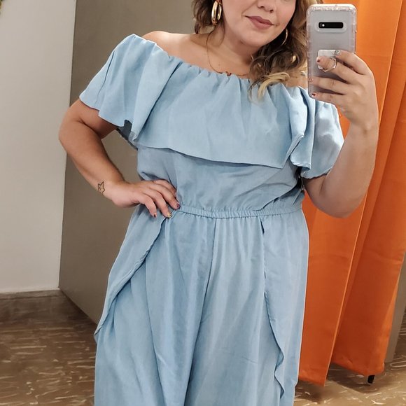 NWOT Plus Denim Off the Shoulder Jumpsuit - Picture 2 of 6